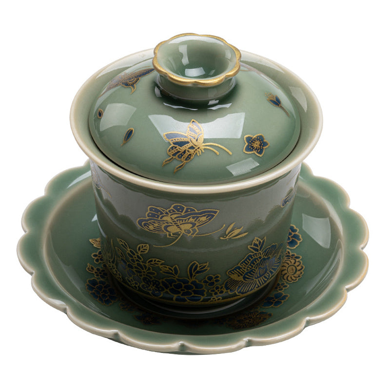 Buddha Stones Porcellana verde Farfalla Fiore Salmone Pesce Ceramica Gaiwan Sancai Tazza da tè Kung Fu Tazza da tè e piattino con coperchio