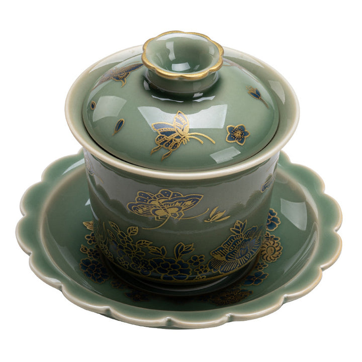 Buddha Stones Porcellana verde Farfalla Fiore Salmone Pesce Ceramica Gaiwan Sancai Tazza da tè Kung Fu Tazza da tè e piattino con coperchio