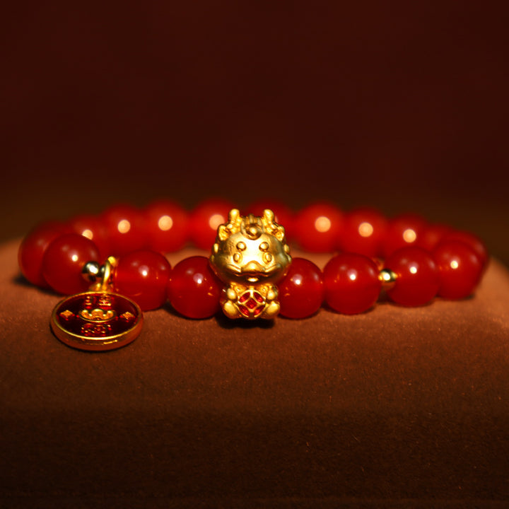 Buddha Stones Anno del Drago Agata Rossa Naturale Moneta di Rame Attrae Braccialetto della Fortuna
