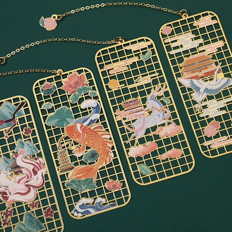 Segnalibro cavo in metallo ottone con Buddha Stones, alce, pesce koi, gru, volpe a nove code