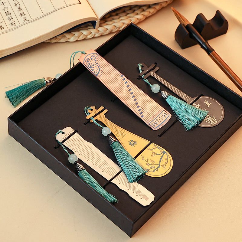 Buddha Stones Strumenti musicali classici Pipa Guzheng Guqin Ruan Segnalibri in metallo Nappa con scatola regalo