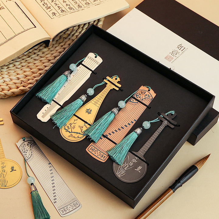 Buddha Stones Strumenti musicali classici Pipa Guzheng Guqin Ruan Segnalibri in metallo Nappa con scatola regalo