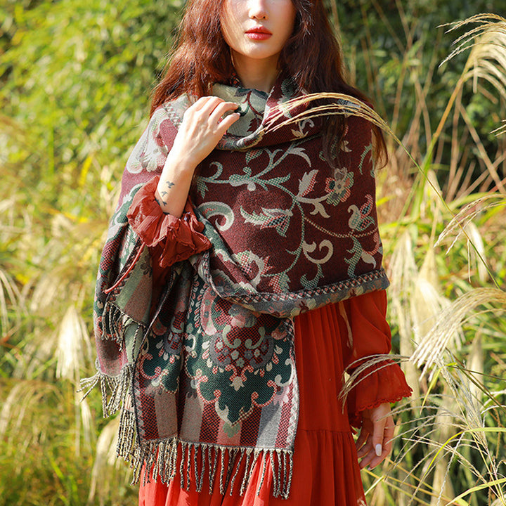 Buddha Stones Scialle con nappe con fiori tibetani, foglie e rami, sciarpa da viaggio avvolgente