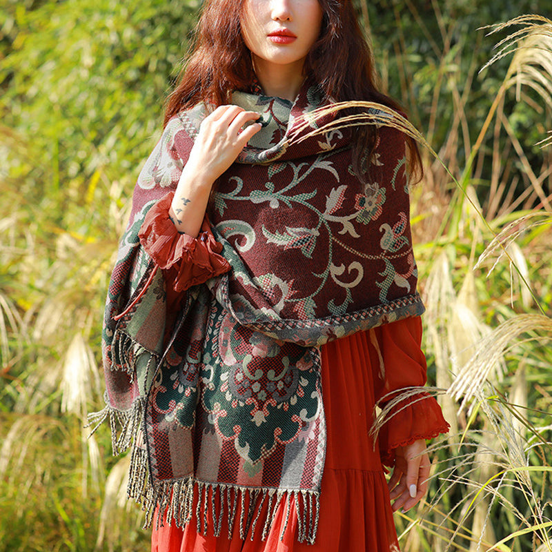 Buddha Stones Scialle con nappe con fiori tibetani, foglie e rami, sciarpa da viaggio avvolgente