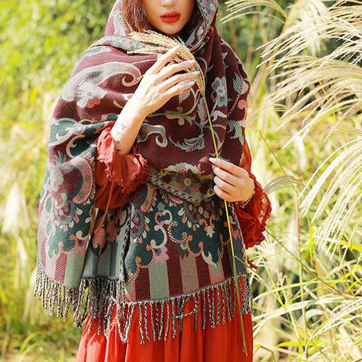 Buddha Stones Scialle con nappe con fiori tibetani, foglie e rami, sciarpa da viaggio avvolgente