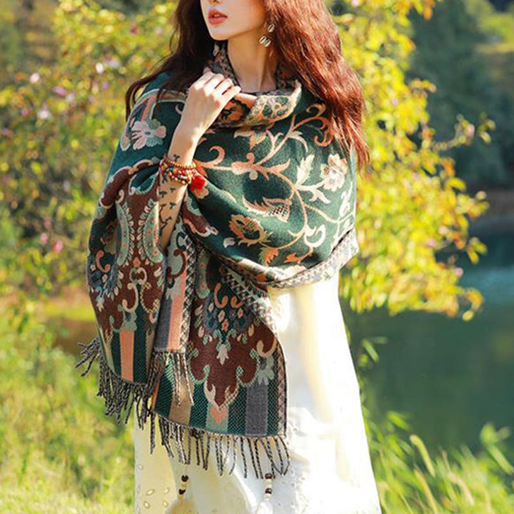 Buddha Stones Scialle con nappe con fiori tibetani, foglie e rami, sciarpa da viaggio avvolgente