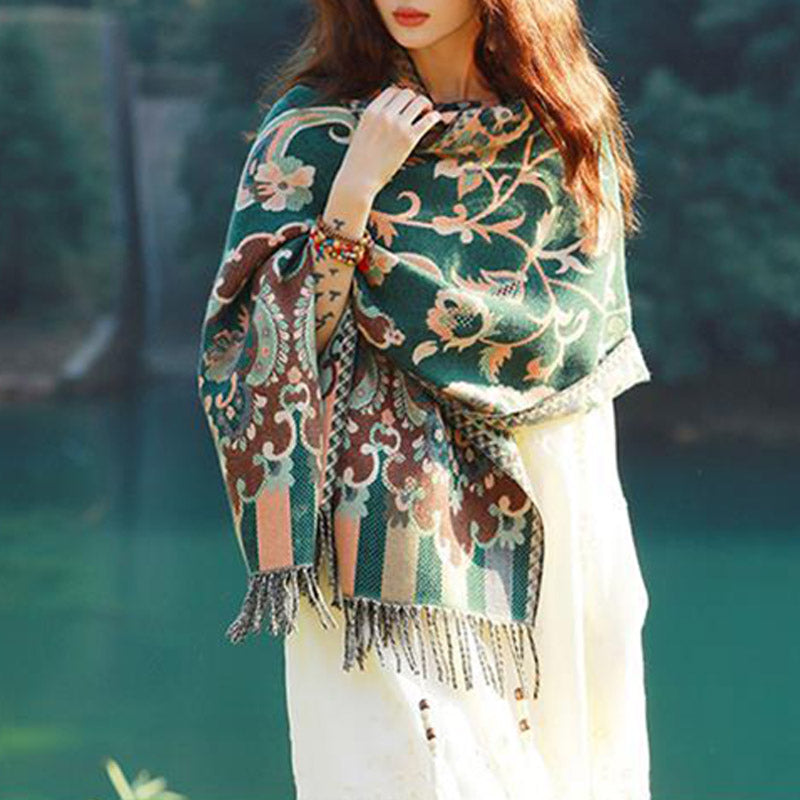 Buddha Stones Scialle con nappe con fiori tibetani, foglie e rami, sciarpa da viaggio avvolgente