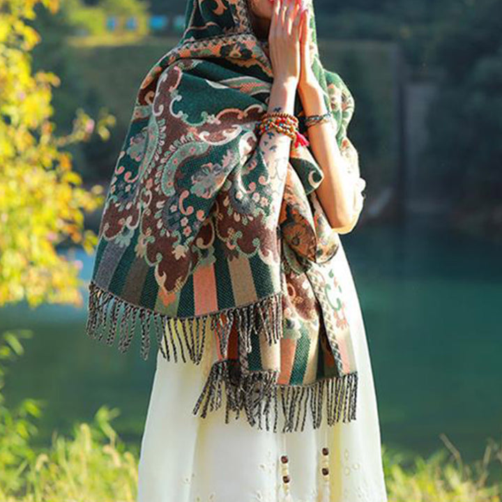 Buddha Stones Scialle con nappe con fiori tibetani, foglie e rami, sciarpa da viaggio avvolgente