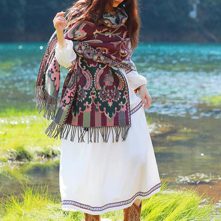 Buddha Stones Scialle con nappe con fiori tibetani, foglie e rami, sciarpa da viaggio avvolgente