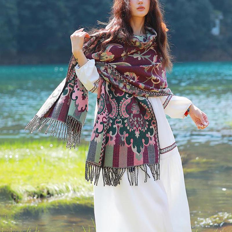 Buddha Stones Scialle con nappe con fiori tibetani, foglie e rami, sciarpa da viaggio avvolgente