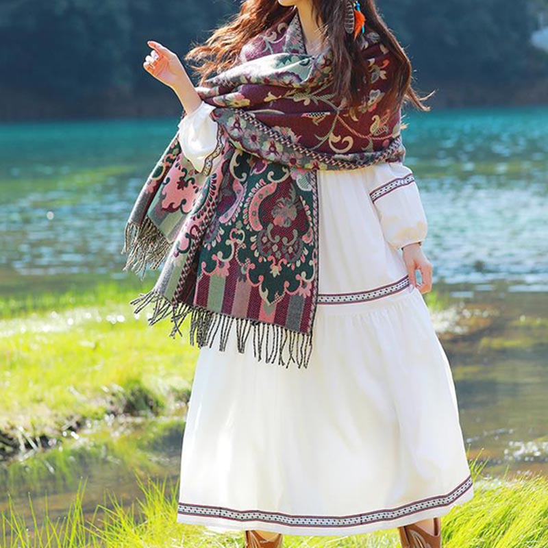 Buddha Stones Scialle con nappe con fiori tibetani, foglie e rami, sciarpa da viaggio avvolgente