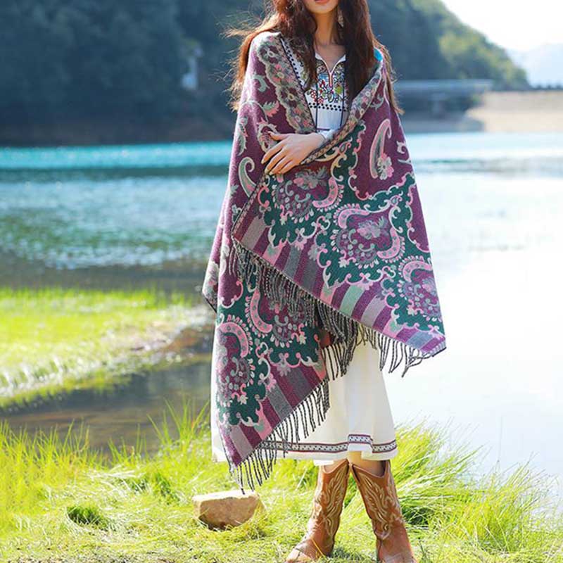 Buddha Stones Scialle con nappe con fiori tibetani, foglie e rami, sciarpa da viaggio avvolgente