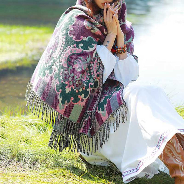 Buddha Stones Scialle con nappe con fiori tibetani, foglie e rami, sciarpa da viaggio avvolgente