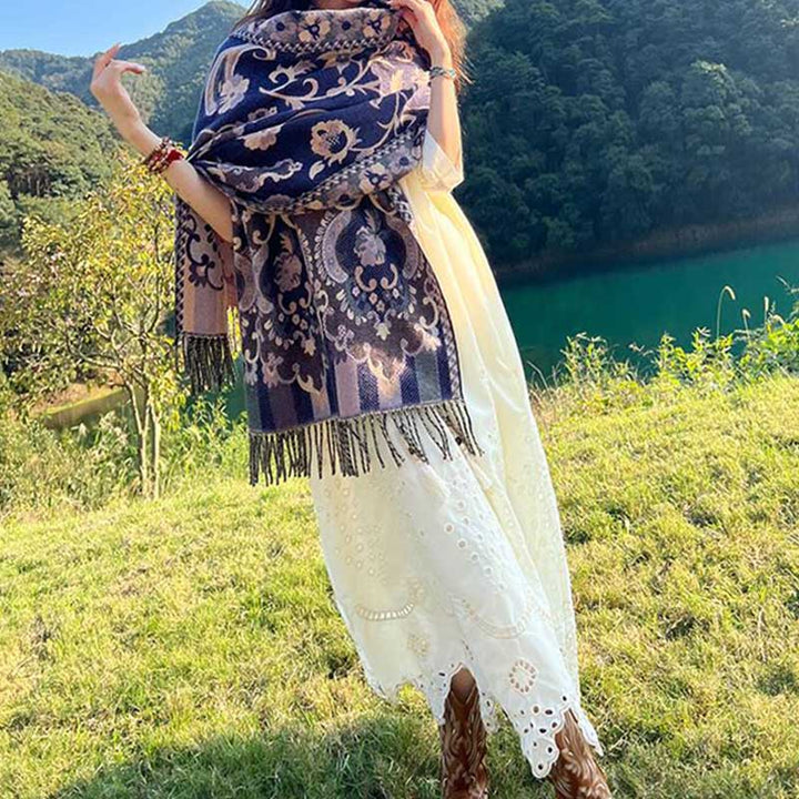 Buddha Stones Scialle con nappe con fiori tibetani, foglie e rami, sciarpa da viaggio avvolgente