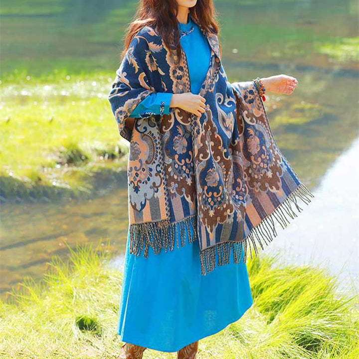 Buddha Stones Scialle con nappe con fiori tibetani, foglie e rami, sciarpa da viaggio avvolgente