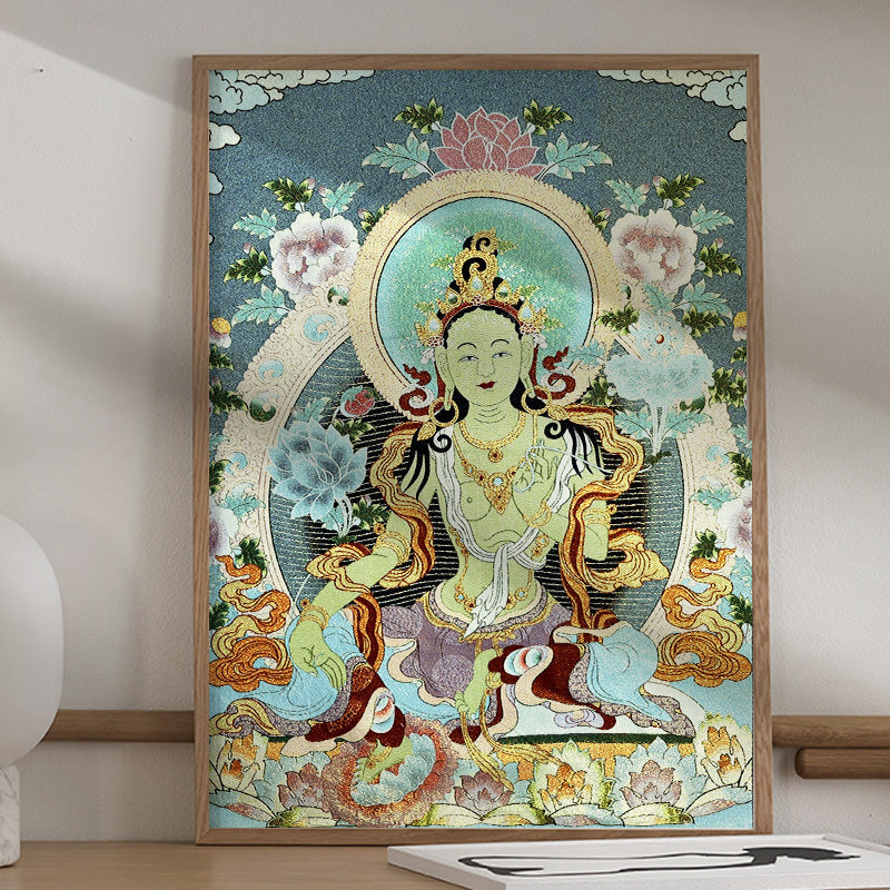 Buddha Stones Ricamo Tibetano Tara Bianca Thangka Arazzo Appeso a Parete Arte della Parete Meditazione per la Decorazione della Casa