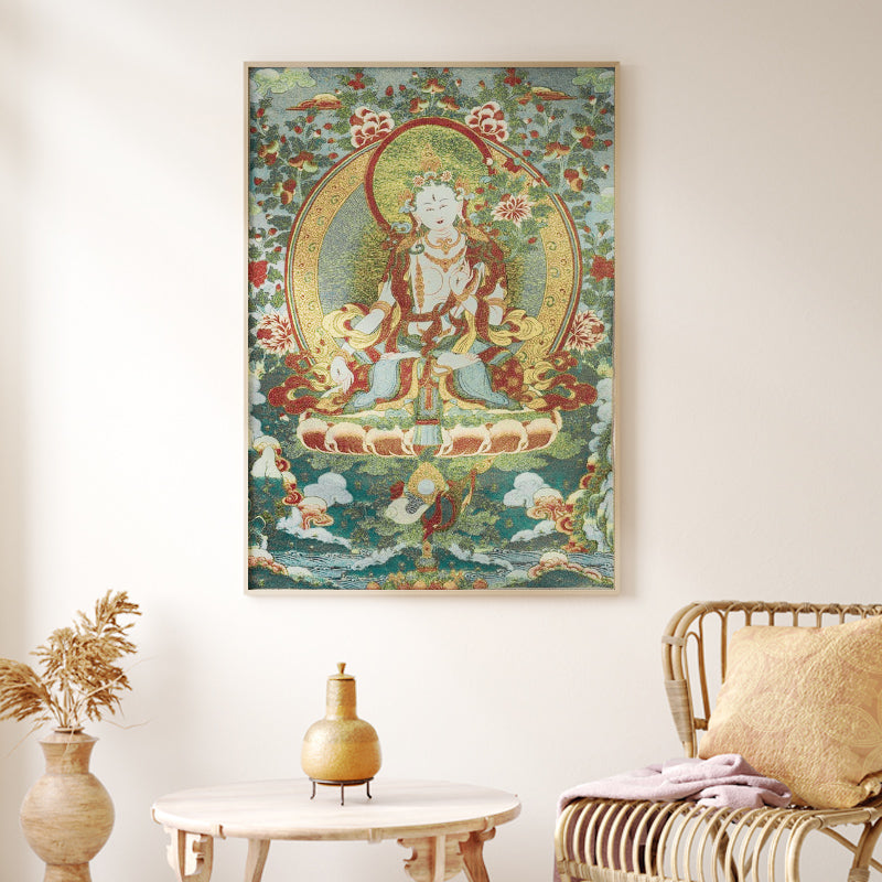Buddha Stones Ricamo Tibetano Tara Bianca Thangka Arazzo Appeso a Parete Arte della Parete Meditazione per la Decorazione della Casa