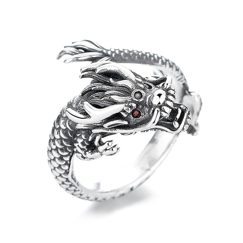 Anello in metallo con design dell'anno del drago, in argento sterling 925, Buddha Stones, vintage - Argento Sterling 925 (regolabile) - image 0