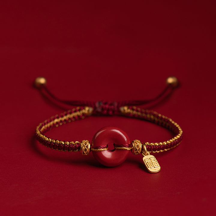 Bracciale intrecciato con ciondolo a forma di carattere Fu, ciondolo in cinabro naturale , Buddha Stones