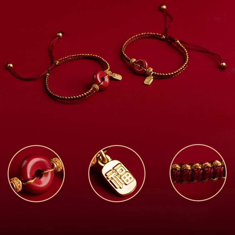 Bracciale intrecciato con ciondolo a forma di carattere Fu, ciondolo in cinabro naturale , Buddha Stones