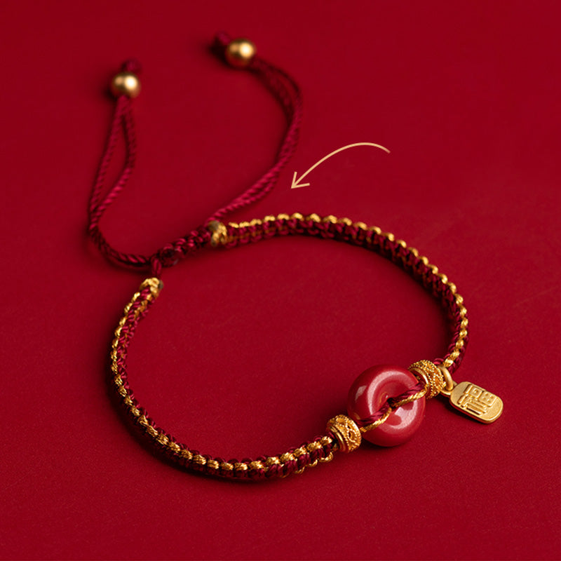 Bracciale intrecciato con ciondolo a forma di carattere Fu, ciondolo in cinabro naturale , Buddha Stones