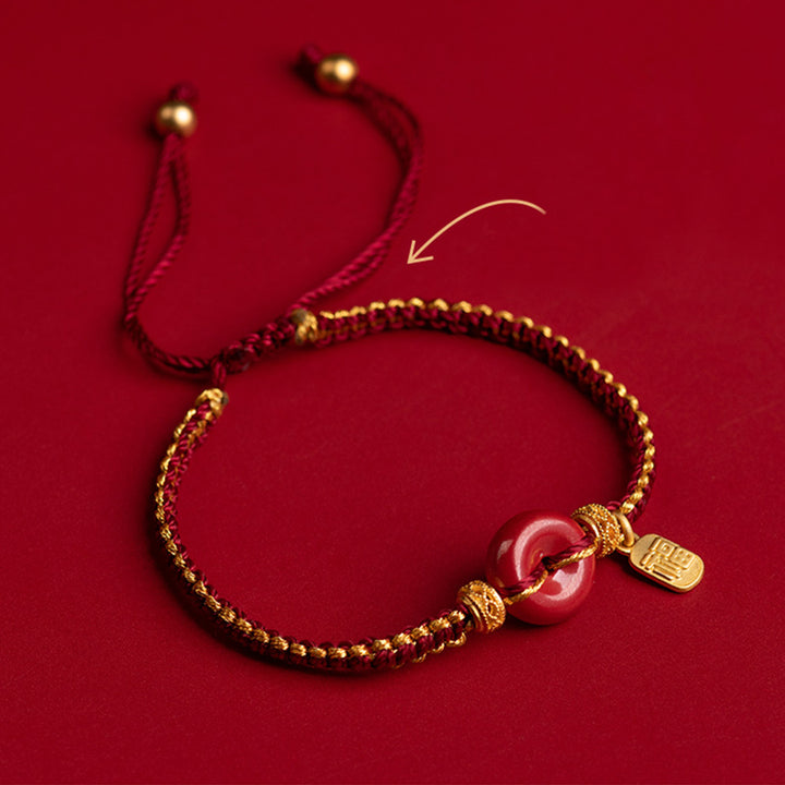 Bracciale intrecciato con ciondolo a forma di carattere Fu, ciondolo in cinabro naturale , Buddha Stones