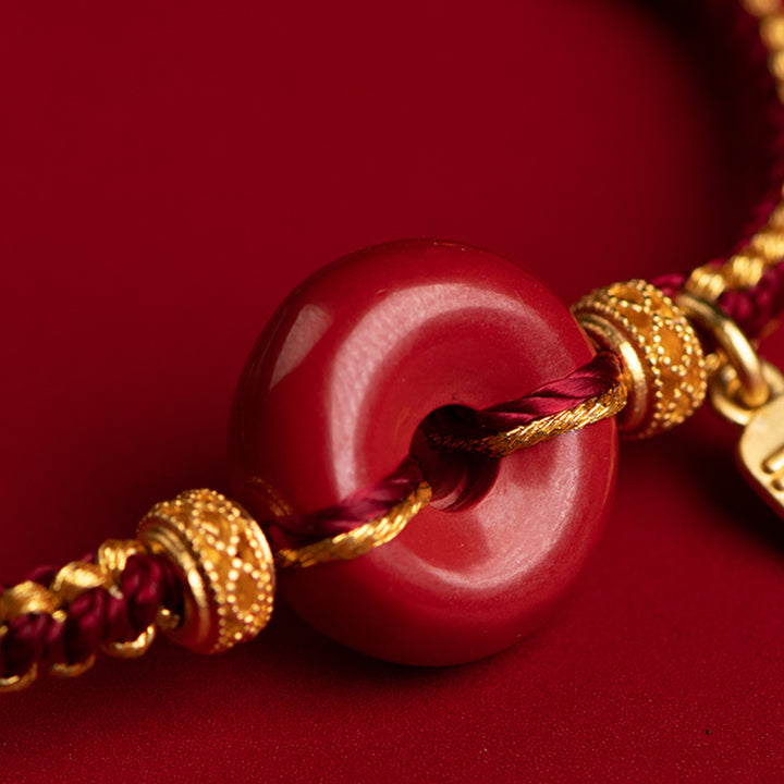 Bracciale intrecciato con ciondolo a forma di carattere Fu, ciondolo in cinabro naturale , Buddha Stones