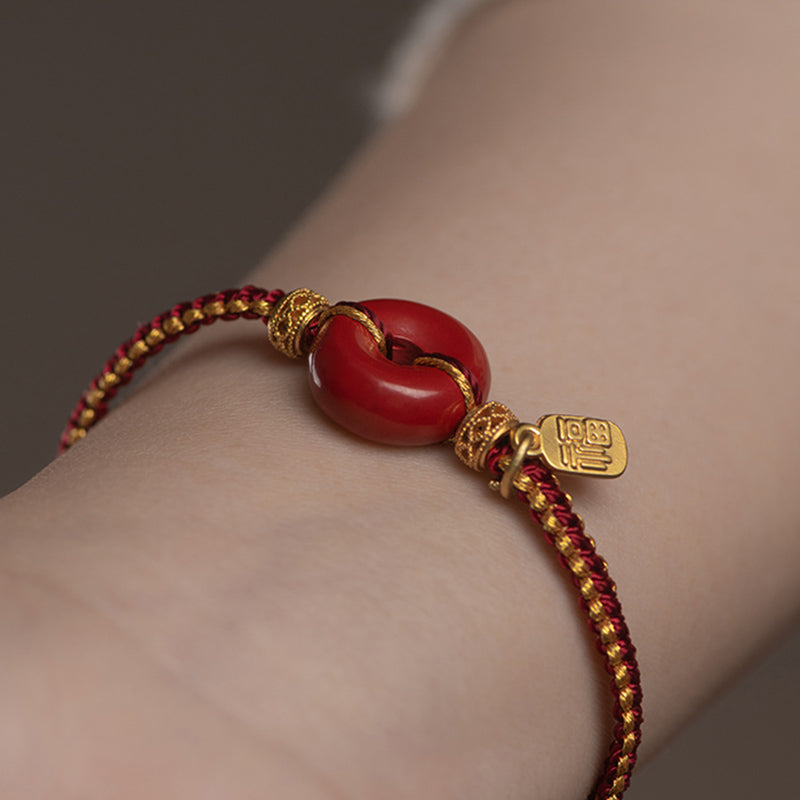 Bracciale intrecciato con ciondolo a forma di carattere Fu, ciondolo in cinabro naturale , Buddha Stones