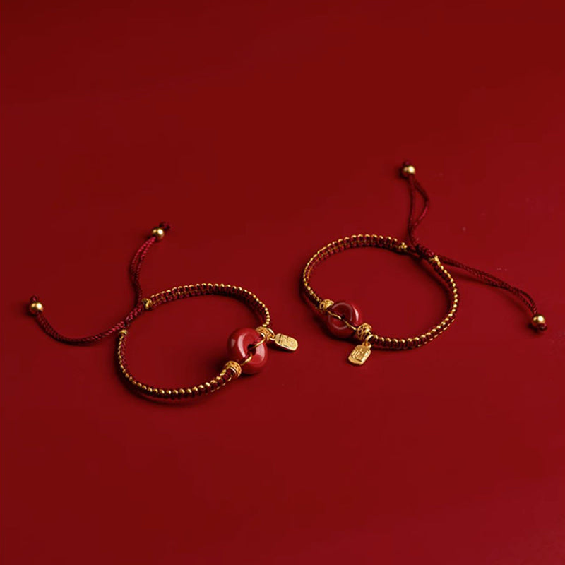 Bracciale intrecciato con ciondolo a forma di carattere Fu, ciondolo in cinabro naturale , Buddha Stones