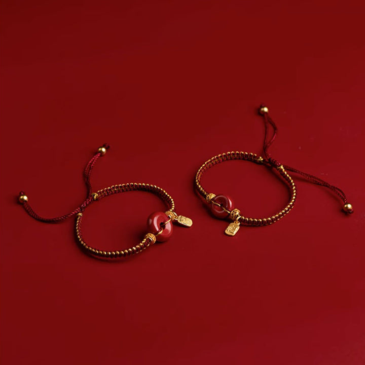 Bracciale intrecciato con ciondolo a forma di carattere Fu, ciondolo in cinabro naturale , Buddha Stones
