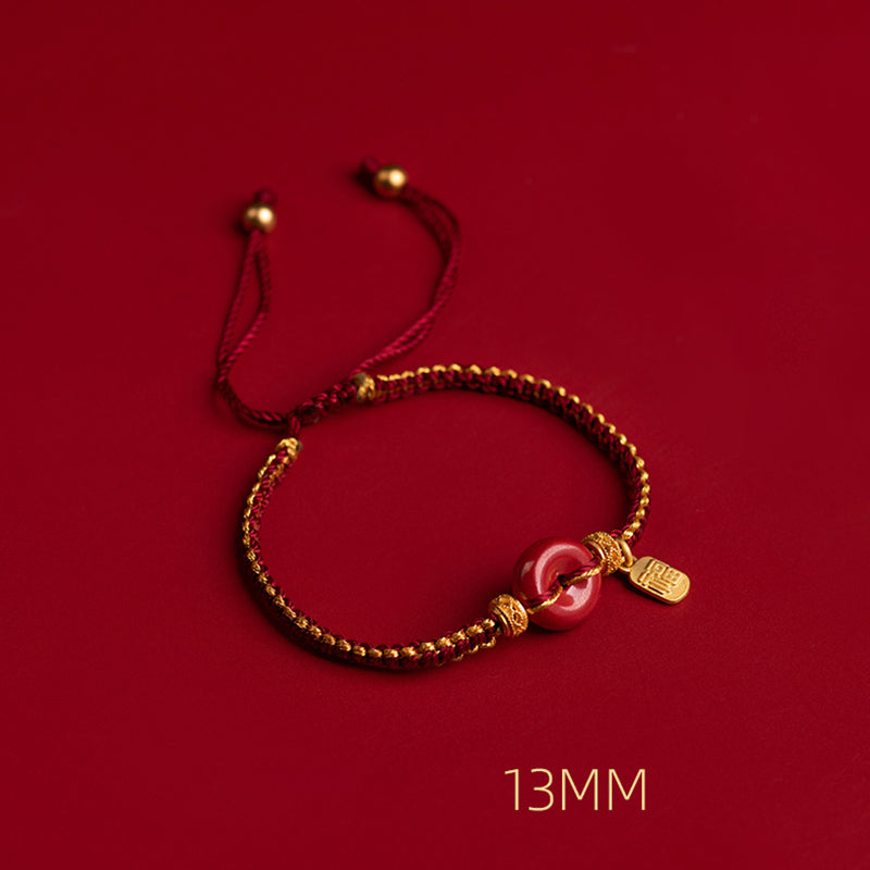 Bracciale intrecciato con ciondolo a forma di carattere Fu, ciondolo in cinabro naturale , Buddha Stones