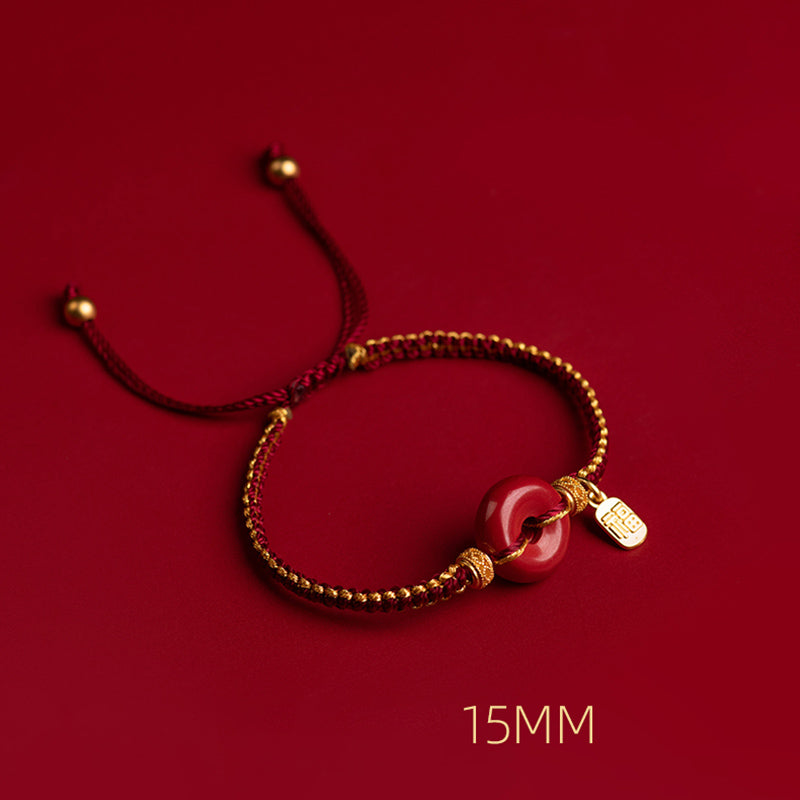 Bracciale intrecciato con ciondolo a forma di carattere Fu, ciondolo in cinabro naturale , Buddha Stones