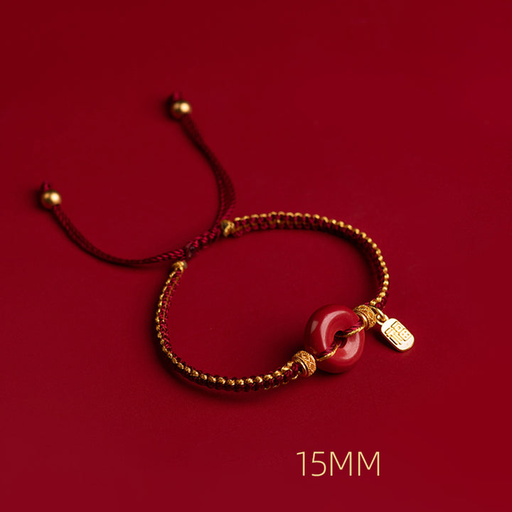 Bracciale intrecciato con ciondolo a forma di carattere Fu, ciondolo in cinabro naturale , Buddha Stones