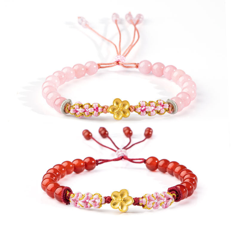Bracciale Buddha Stones in argento sterling 999 con agata rossa naturale e cristallo rosa e fiori di ciliegio