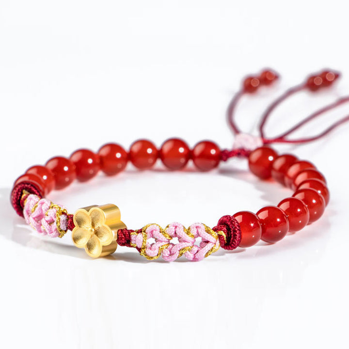 Bracciale Buddha Stones in argento sterling 999 con agata rossa naturale e cristallo rosa e fiori di ciliegio