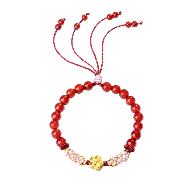 Bracciale Buddha Stones in argento sterling 999 con agata rossa naturale e cristallo rosa e fiori di ciliegio