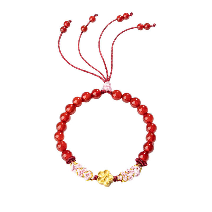 Bracciale Buddha Stones in argento sterling 999 con agata rossa naturale e cristallo rosa e fiori di ciliegio