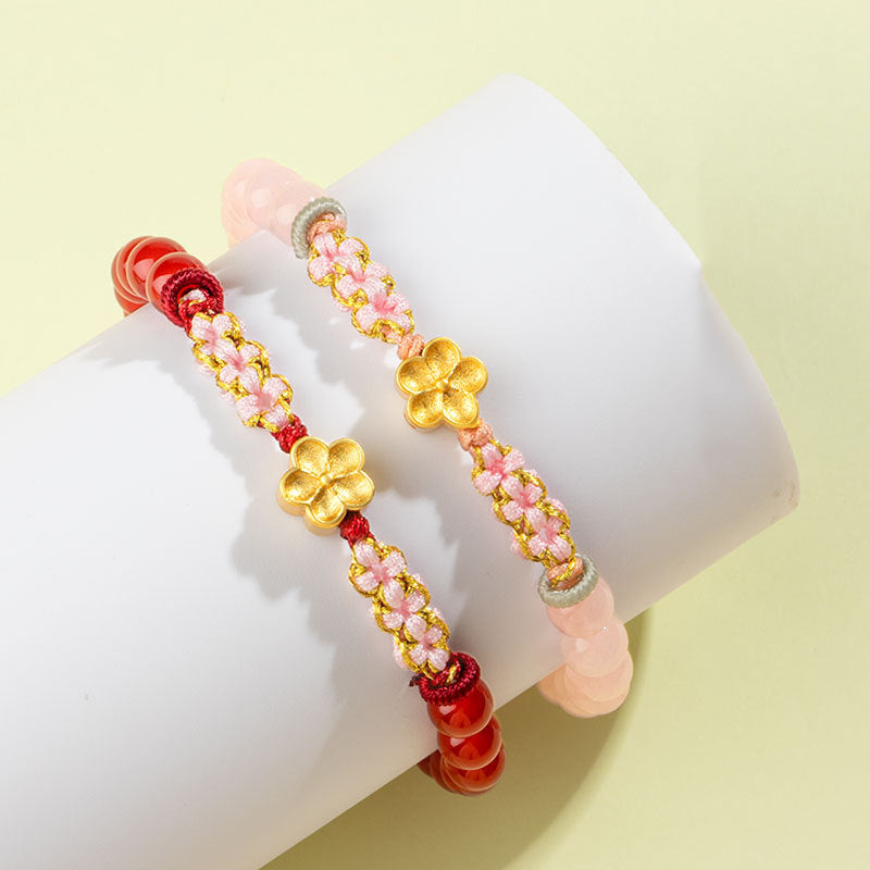 Bracciale Buddha Stones in argento sterling 999 con agata rossa naturale e cristallo rosa e fiori di ciliegio