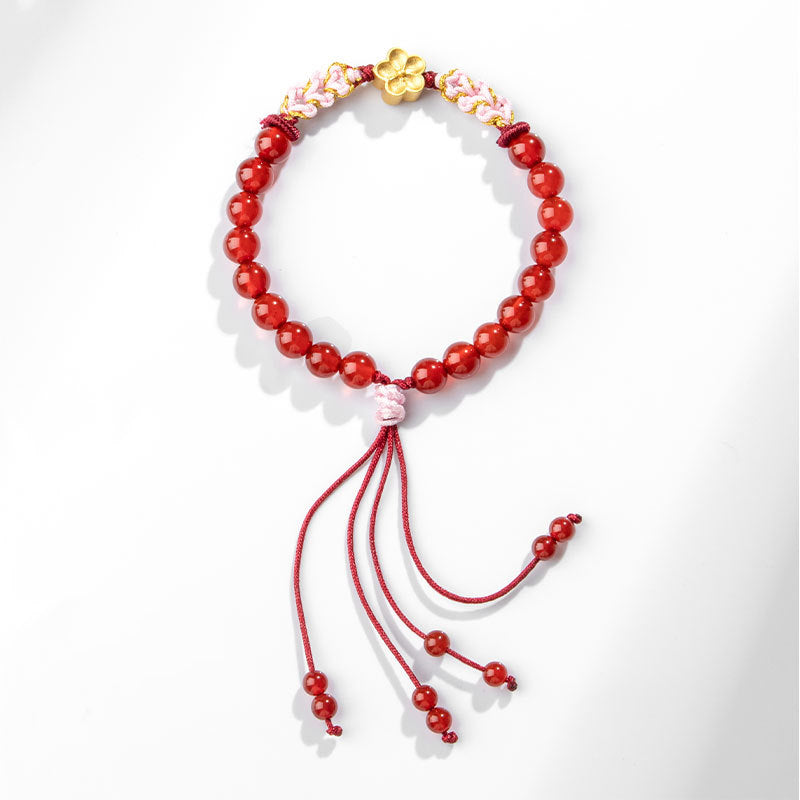 Bracciale Buddha Stones in argento sterling 999 con agata rossa naturale e cristallo rosa e fiori di ciliegio
