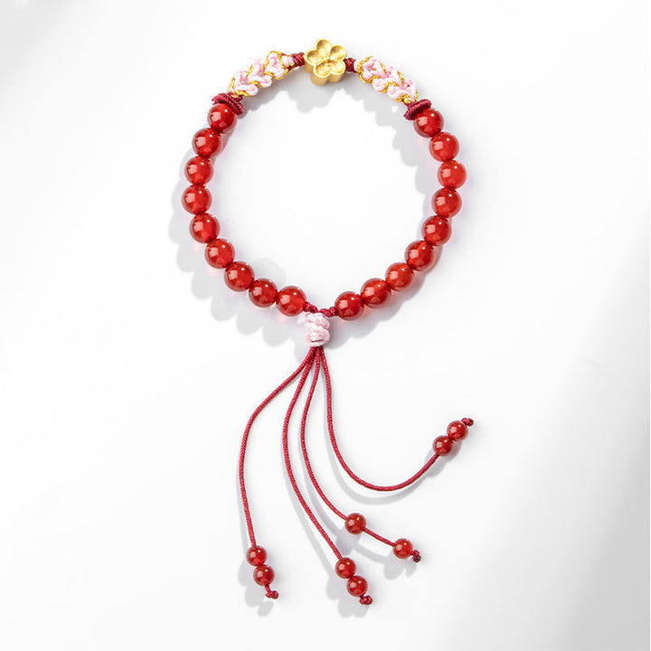 Bracciale Buddha Stones in argento sterling 999 con agata rossa naturale e cristallo rosa e fiori di ciliegio