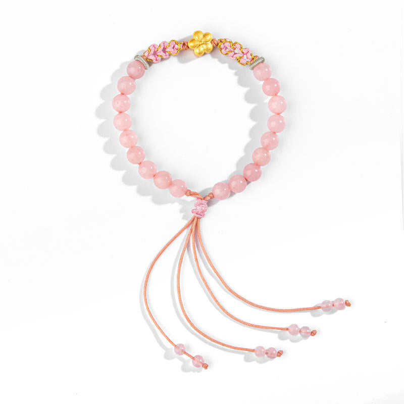 Bracciale Buddha Stones in argento sterling 999 con agata rossa naturale e cristallo rosa e fiori di ciliegio