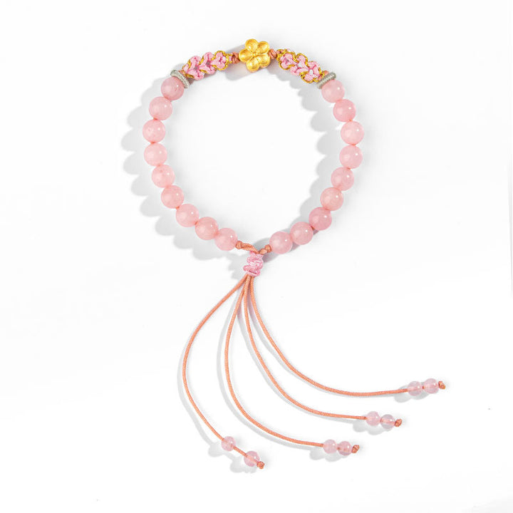 Bracciale Buddha Stones in argento sterling 999 con agata rossa naturale e cristallo rosa e fiori di ciliegio