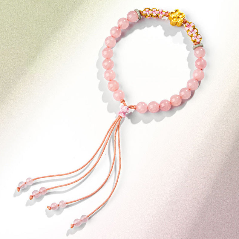Bracciale Buddha Stones in argento sterling 999 con agata rossa naturale e cristallo rosa e fiori di ciliegio