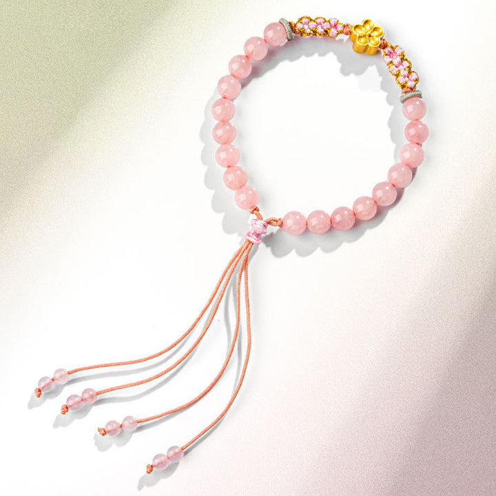 Bracciale Buddha Stones in argento sterling 999 con agata rossa naturale e cristallo rosa e fiori di ciliegio