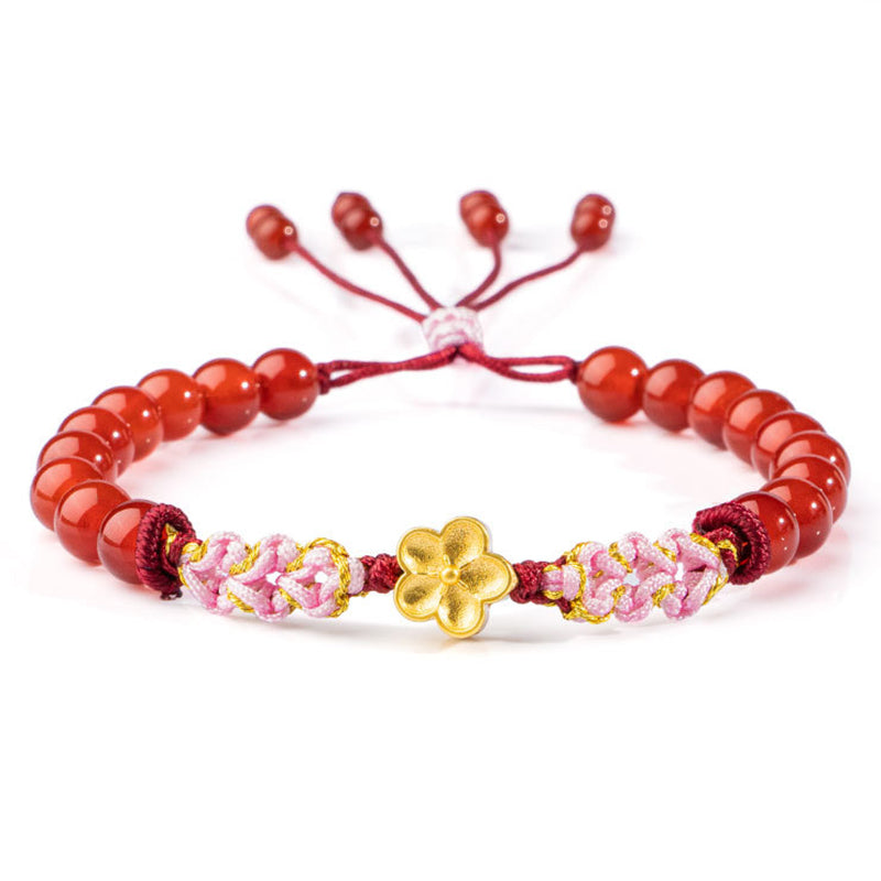 Bracciale Buddha Stones in argento sterling 999 con agata rossa naturale e cristallo rosa e fiori di ciliegio