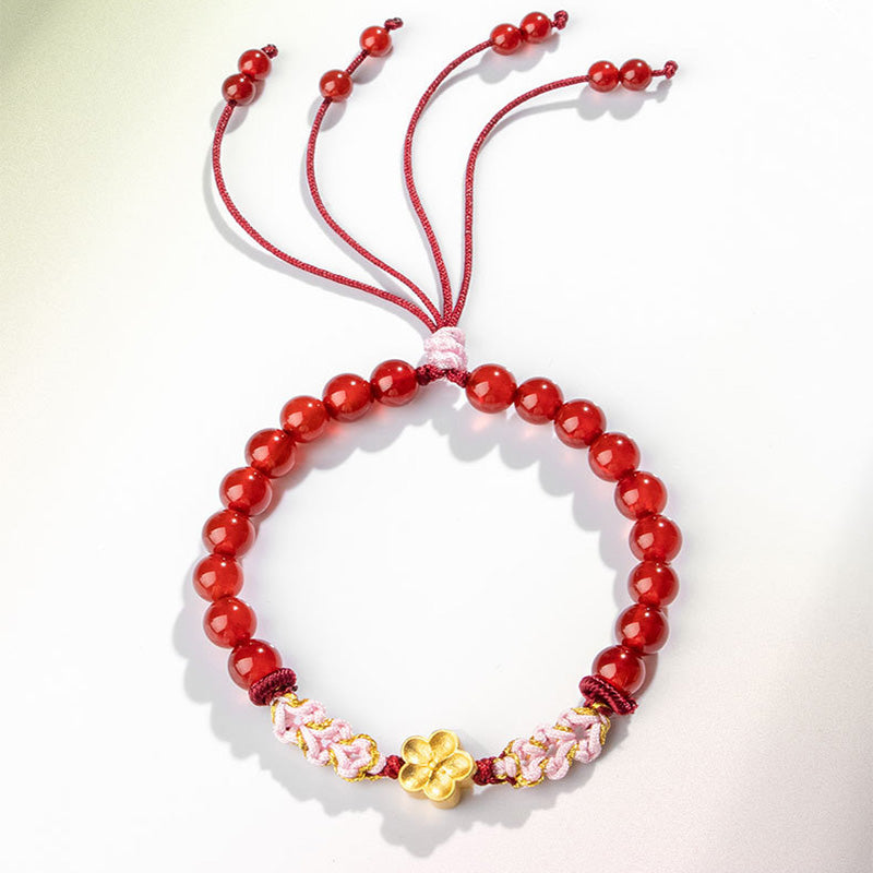 Bracciale Buddha Stones in argento sterling 999 con agata rossa naturale e cristallo rosa e fiori di ciliegio