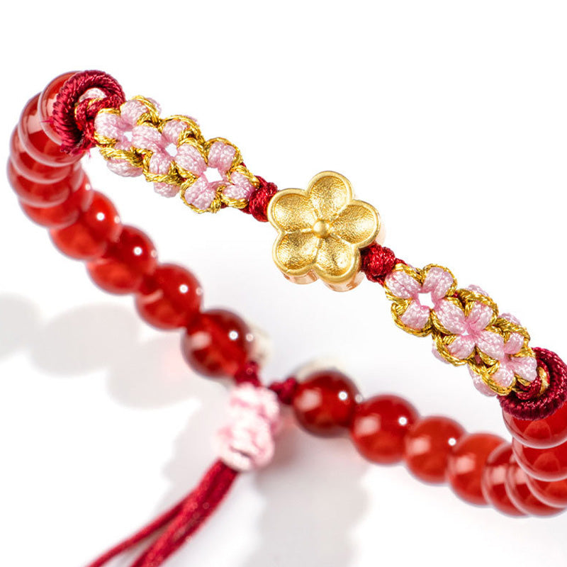 Bracciale Buddha Stones in argento sterling 999 con agata rossa naturale e cristallo rosa e fiori di ciliegio