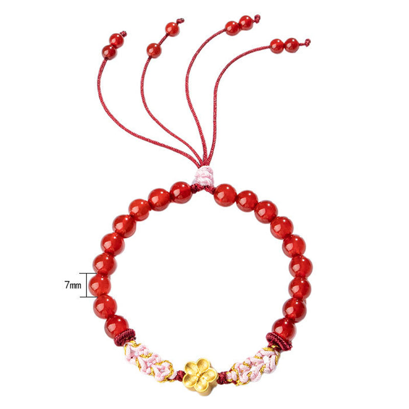 Bracciale Buddha Stones in argento sterling 999 con agata rossa naturale e cristallo rosa e fiori di ciliegio