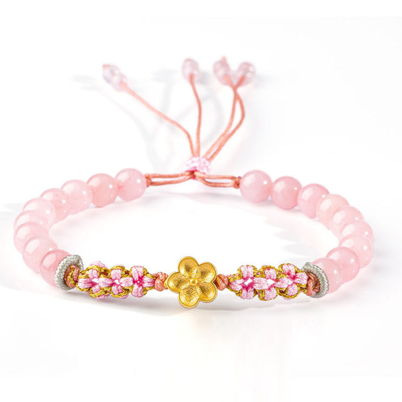 Bracciale Buddha Stones in argento sterling 999 con agata rossa naturale e cristallo rosa e fiori di ciliegio