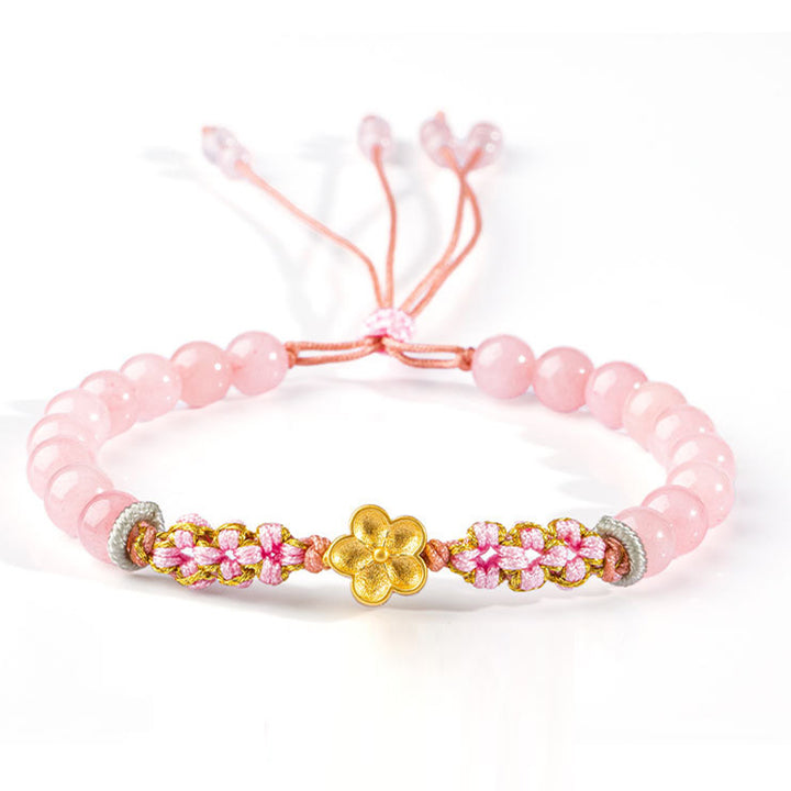 Bracciale Buddha Stones in argento sterling 999 con agata rossa naturale e cristallo rosa e fiori di ciliegio